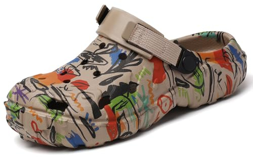 SECHRITE Womens Mens Clogs Garden Shoes Graffiti Slip On Mules Sports Sandals Unisex Adult Athletic Summer Outdoor Beach Slippers Water Shower Shoes with Adjustable Back Strap Khaki 46