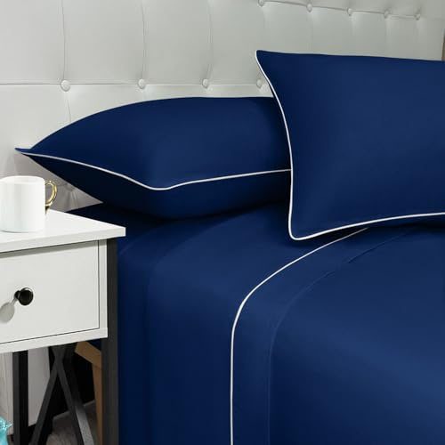 NARCISO - Lenzuola Matrimoniali 100% Cotone Made in Italy, Completo Letto Matrimoniale con Profilo Decorativo Look Moderno, Fantasia Tinta Unita in Varie Colorazioni di Design (Blu)