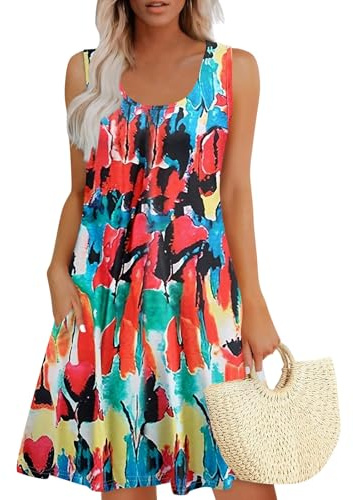Summer Dresses for Women 2026 UK Beach Casual Sleeveless Sundress Tank Sun Dress Mini Floral Cover Ups with Pockets