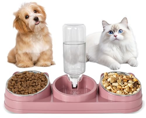 Set Ciotole per Cibo Acqua per Gatti - 3 in 1 Doppie Ciotole per Gatti con 500 ml Bottiglia d'acqua, Separatore per Cibo Secco e Umido, per Cani di Piccola e Media Taglia (Pink)