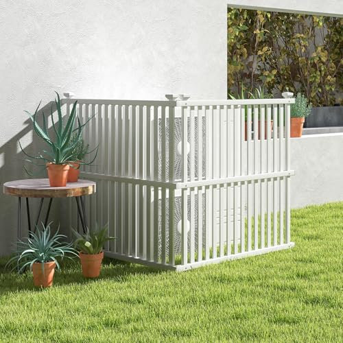 GOPLUS Clôture de Jardin 113 x 114 cm avec Piquets en Métal, Matériau en PVC Robuste, Clôture à Lattes en Vinyle, pour Equipement de Piscine, Cache Clim, Poubelle pour Jardin, Terrasse, Blanc