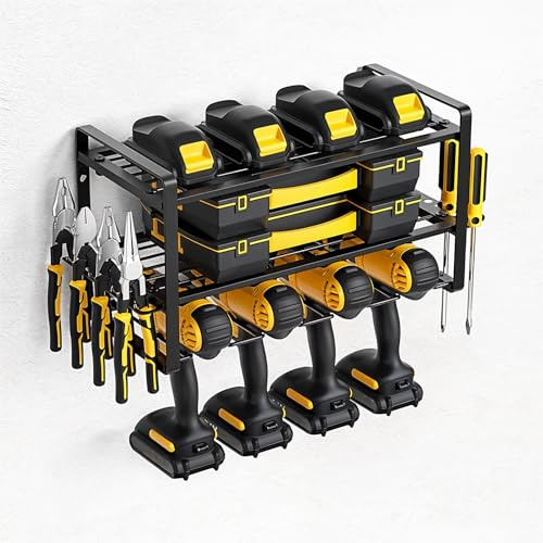 INMOZATA Power Tool Organizer,3 Layers Metal Tool shelf with 4 Drill Holders,Floating Tool Shelf Wall Mounted Tool Storage Rack with Side Screwdriver Rack for Garage, Home, Workshop(Black)