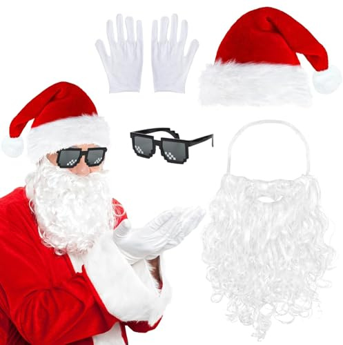 4 Pezzi Costume Babbo Natale, Cappello di Babbo Natale con Barba, Occhiali Babbo Natales Guanti Barba Berretto Costume di San Nicola Accessori per Costumi di Babbos Natales per Cosplay di Natales