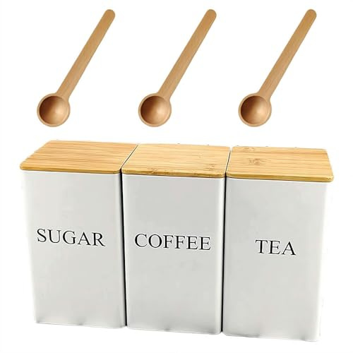Juego de 3 botes de té, café y azúcar, 1000 ml, de metal, con tapa de bambú, contenedor de cocina, organizador de almacenamiento (blanco)