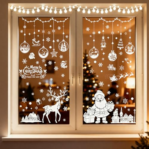 Fangshu 202 st fönsterbilder jul självhäftande – juldekoration fönster inomhus med hus snöflingor, PVC fönsterdekoration jul vit – återanvändbar för vinterfönsterdekoration
