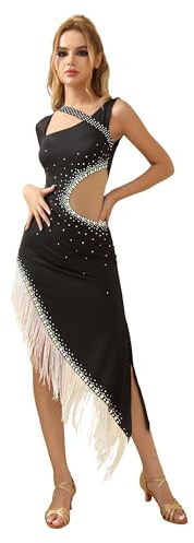 ROYAL SMEELA Vestito da Ballo Latino da Donna con Strass,Abito Salsa Frange,Vestiti Danza Tango Samba Rumba Design Irregolare Nero