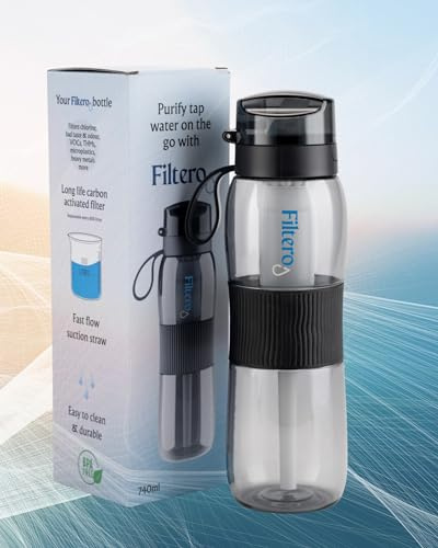 Filtered Water Bottle 740ml with Carbon Filter – Reusable Water Filter Bottle for Tap Water, Reduces Chlorine, Odour & Microplastics – Leakproof Sports Bottle for Gym, Travel & Outdoor Use – Filtero