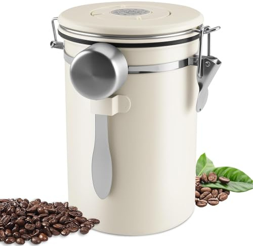 1,8L Kaffeburk Lufttät, Kaffeburk Lufttät i Rostfritt Stål, Behållare för Kaffebönor, Kaffeburk, Med Mätsked och Datumsdisplay, för Kaffebönor, Te, Nötter, Kakao, För att Hålla dem Fräscha Längre, Vit