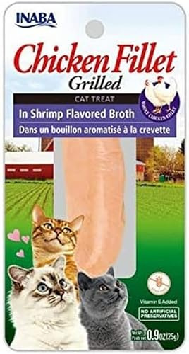 INABA Filetti di Pollo Grigliato per Gatti, in Brodo al Gusto di Gamberetti - Snack Gatto Ricco di Antiossidanti Senza Conservanti o Coloranti Artificiali, Grain-Free - Cibo per Gatti, 1 Filetto x 25g