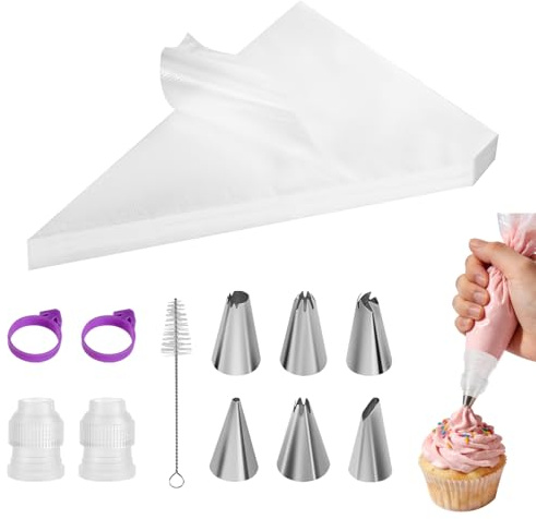 100 mangas pasteleras desechables, mangas pasteleras con 6 boquillas de acero inoxidable, 2 adaptadores, 1 cepillo de limpieza y 2 clips, juego de manga pastelera, accesorios para hornear, mangas