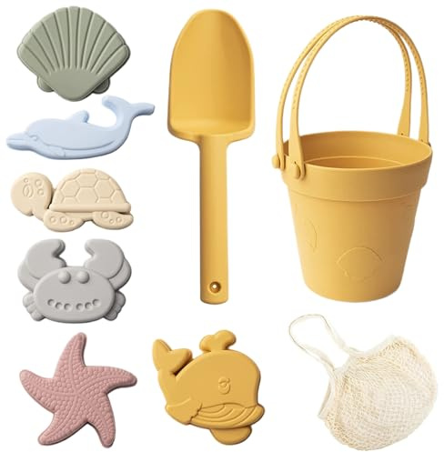 Otbushit 8 Pezzi di Giocattoli di Sabbia per Bambini, Giocattoli da Spiaggia in Silicone sicuri con Secchio per Pala e stampi per Sabbia, Scatola Impermeabile per Viaggi Estivi all'aperto, Giallo