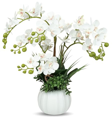 MixcMax Artificial Orchid Flowers with Pot, Fake Orchid Plants for Home Decoration, Faux Flowers that Look Real for Living Room Bedroom Kitchen Table Indoor Decor (white)