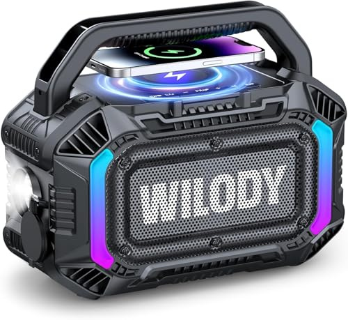 Wilody Bluetooth Lautsprecher Groß,100W Outdoor Tragbarer Lautsprecher with Bass,Musikbox Soundbox Bluetooth IPX7 Wasserdicht & Schwimmt,Drahtloses Laden,20h Akku,LED-Licht,Type-C,BT,Schwarz