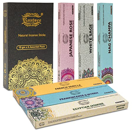 Raajsee Bio-Räucherstäbchen 15gx 6 Packung,Nag Champa,Jasmin,Vanille, japanische Rose, weißer Salbei,Weihrauch & Myrrhe, Frei von Chemikalien, 100% Rein Organisch Handgerollt
