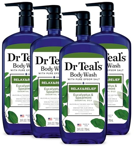 Dr Teal's Body Wash with Pure Epsom Salt, Relax & Relief with Eucalyptus & Spearmint, 24 fl oz (Pack of 4)