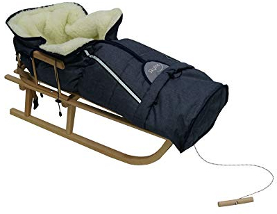 Holzschlitten für Kinder mit Rückenlehne Rodelschlitten Davoser Schlitten aus Holz mit einem Sicherheitsgurt, Rückenlehne und Winterfußsack (Natur/Blau Schlafsack)