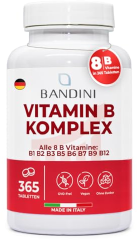 Bandini® Vitamin B Komplex Hochdosiert, 365 Tabletten für 12 Monate, B-Komplex mit alle 8 B-Vitamine B1, B2, B3, B5, B6, B7, B9, B12, Nervensystem, Stoffwechsel, Psychische Funktion, GVO-frei, Vegan
