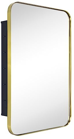 EGHOME Brushed Gold Rectangle Recessed Bathroom Medicine Cabinet with Mirror Stainless Steel Metal Framed Rounded Rectangular Bathroom Cabinet with Mirror 16x24''