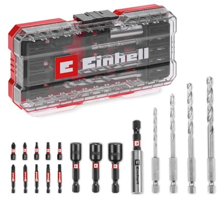 Original Einhell S-Case 18-delad slagtålig tillbehörssats (25 mm bitar, 50 mm bitar, 60 mm bithållare, hylsnyckel, metallborr inkl. Förvaringsbox)