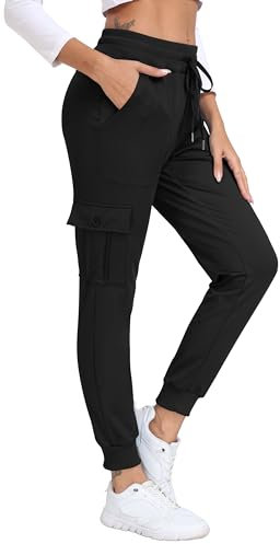 JINSHI Jogginghose Damen Cargo Warme Microfleece Lauf Trainingshose Winter Sweatpants Hohe Taille Freizeit Outdoorhose mit Großen Taschen Schwarz M