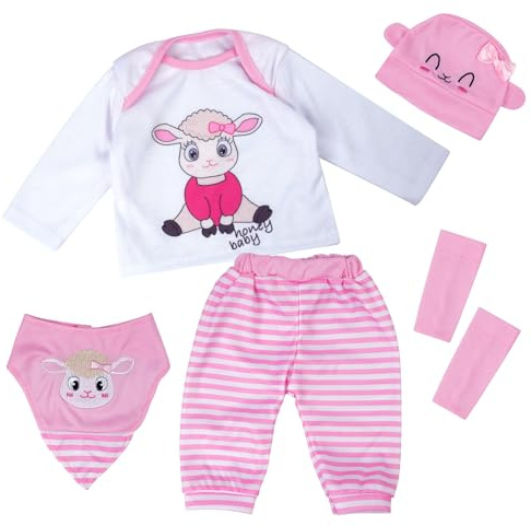 BABESIDE Reborn Baby Doll Clothes – 5 PCS Pink Outfit Set for 17-22 Inch Dolls, Lifelike Reborn Baby Doll Accessories with Hat, Bib, Top, Pants & Leggings – Gift for Girls Age 3+