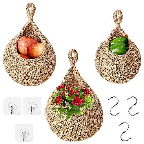 Ensemble de 3 Paniers en Osier Suspendus - Rangement Élégant pour Fruits, Légumes et Collations - Matériaux Durables et Respectueux de l'Environnement (Jute)