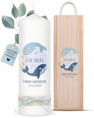 AMARI ® Taufkerz personalisiert Wunderwelt Wal (002.10.04) H:25cm/⌀:8cm - Taufkerze für Mädchen/Jungen - Gestalte deine Kerze - Taufe feiern - Namenskerze