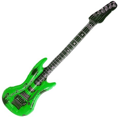 Chitarra elettrica gonfiabile verde fluo, colore verde e nero, perfetta per feste a tema musicale ed eventi in maschera