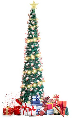 Albero di Natale Pieghevole Pop Up in PVC 5FT,Albero Di Natale Con Luci LED Luminoso,Babbo Natale Ed Effetto Glitter,Supporto Stabile a Quattro Gambe,Decorazione Natalizia 50 Luce Calda per Interni