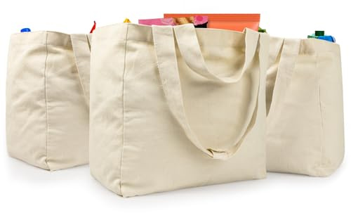 VitaSerena Canvas Grocery Bags with Dual Handles(3pc XL), Large Reusable Shopping Bags for Groceries, Inner Pockets, Washable, Shrink Resistant, Heavy Duty, Foldable