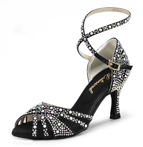 Latinsoul Y205-36 Women's Crystal Rhinestone Latin Dance High Heel Shoes - Stylish Adjustable Strap Design Comfortable Dance Shoes Colour Black,Size 6.5 UK/40 EU