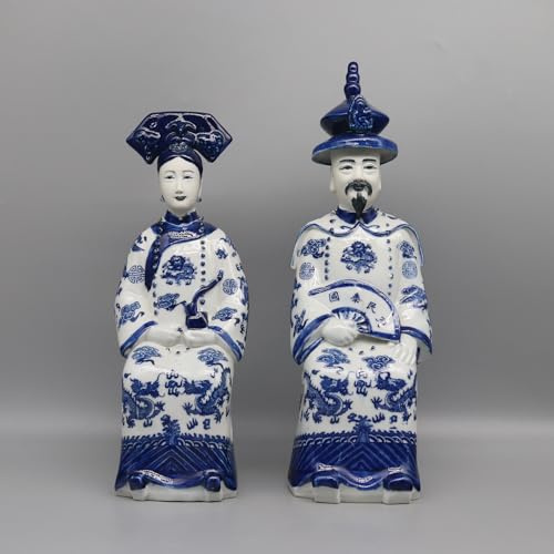 Figuras tradicionales de porcelana de emperador y emperatriz chino, patrón de dragón azul y blanco, juego de 2 estatuas