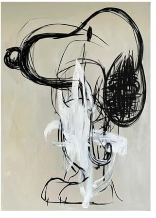 AIHNBF Abstrakt Snoopy väggbild modern tecknad canvastryck svart vit beige dekor lekfull modern konst för hemmet, 80 x 120 cm