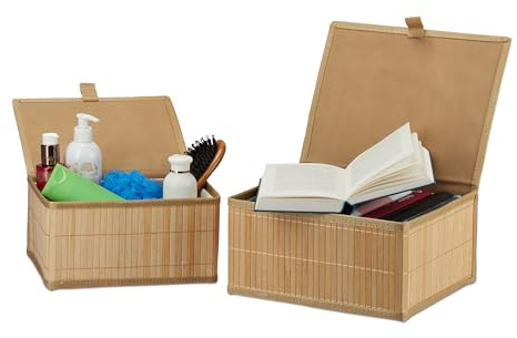 Relaxdays Cestas de Almacenaje Pack Doble, 2 Tamaños, con Tapa, Baño, Habitación Infantil, Bambú y Tela, Cajas, Natural, 20% poliéster 80%, 2 Unidades