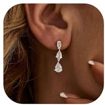 Qyalie Dangle Drop Earrings for Women Wedding Bridal Rhinestone Long Cubic Zircon Dangling Crystal Chandelier Sparkly 14K Gold Plated Dainty Trendy Prom Jewelry (Silver-CZ-Teardrop)