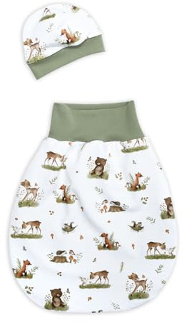 Strampelsack Waldtiere - Fuchs Hase Rehkitz - ab Frühchen Größen - handmade - für Sommer oder Winter (gefüttert mit Jersey (Übergang), creme-olivgrün, 02 (50-62 Neugeborene))