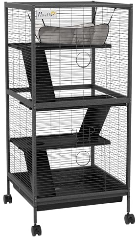 PawHut Gabbia per Piccoli Roditori in Acciaio, Gabbietta per Porcellini d'India e Cincillà con 3 Piani, 4 Ruote, Amaca e Vassoio Rimovibile, 52 x 52 x 113.5cm, Grigio