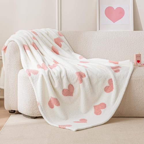 Amazon Basics Fleece Throw Blanket, Reversible Decorative Hearted Pattern for The Bed, Couch and Sofa, 50 W × 60 L, Pink Heart