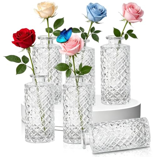 6 Pcs Glass Bud Vases Set, Checkered Pattern Modern Flower Vases 5.5x13cm for Wedding Centerpieces, Table Decor, Home Decor