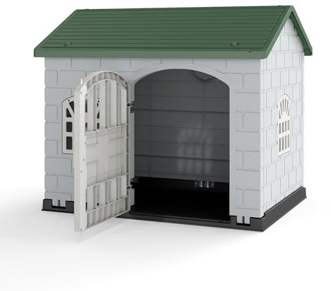 GYMAX Niche pour Chien en Plastique Imperméable, Abri pour Chiot Intérieur et Extérieur, 3 Fenêtres et Porte Verrouillable, pour Petits et Moyens Chiens, 75x58x65cm (Vert)