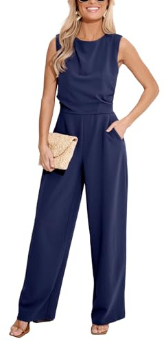 CUPSHE Combinaison d'été maxi col rond sans manches jambe large une pièce tenue d'automne poches ensemble ajusté maxi barboteuse décontractée