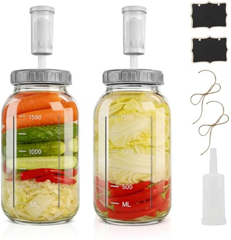 MIUUIPI Juego de 2 tarros de cristal para fermentación de 64 oz/1,9 l, recipiente para kimchi con esclusa de aire, grandes tarros de cristal con tapa hermética extraíble para chucrut, kimchi, levadura