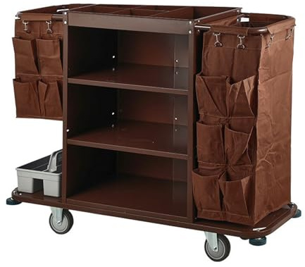 Robust Städvagn I Polyester, Förvaring För Städ- Och Vaktmästartillbehör, Vagn Och Tillbehör För Hotell, Studentbostäder, Kontor, Rum, 10-Fickor, Brun