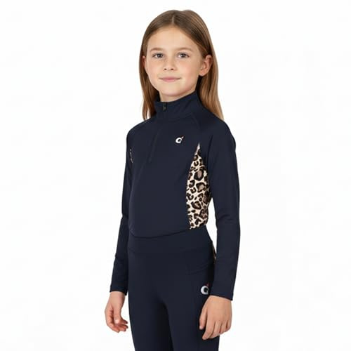 DaisenFit Kids Base Layer Top – Girls Leopard Print Riding Shirt | Youth Equestrian Quarter Zip Layer (US, Alpha, X-Small, Regular, Navy Blue)