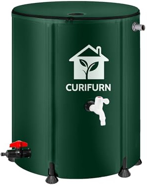 Curifurn 53 Gallon Collapsible Rain Barrel, Weatherproof Water Tank with Filter, Spigot, Screen and Overflow Kit (Reinforced Liner + Thickened Legs), Green
