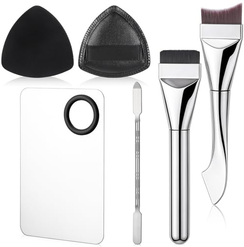 HJZHII 6 st sminkblandningspalett, platt foundationborste sminkspatel dubbel-avslutad sminkborste pulver puff för kvinnor ansikte kosmetisk nagelkonst pigment blandning professionella makeupkonstnärer