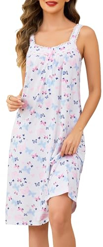Vlazom Women Nighties Sleeveless Lace Trim Nightdress Soft Elegant Ladies Sleep Shirt Lounge Dress with Buttons Butterfly Print,XXL