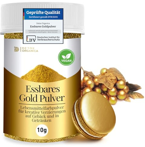 Detox Organica Goldpulver essbar, 10g Lebensmittelfarbe Gold ohne E171 Farbstoff, Goldstaub zum Backen und Dekorieren, Ideal für Torten, Kuchen, Schokolade und Getränke, Essbarer Glitzer