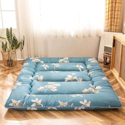 MAXYOYO Materasso da pavimento giapponese, materasso futon, tatami spesso, pieghevole, arrotolabile, per dormitorio, per pavimento (fiore blu, king (standard britannico))