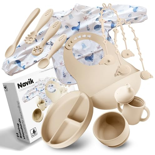 Navik | coffret repas bebe 12 pièces | assiette ventouse pour bébé | tasse apprentissage | bol et cuillere en silicone | Bavoir à manches longues | beige